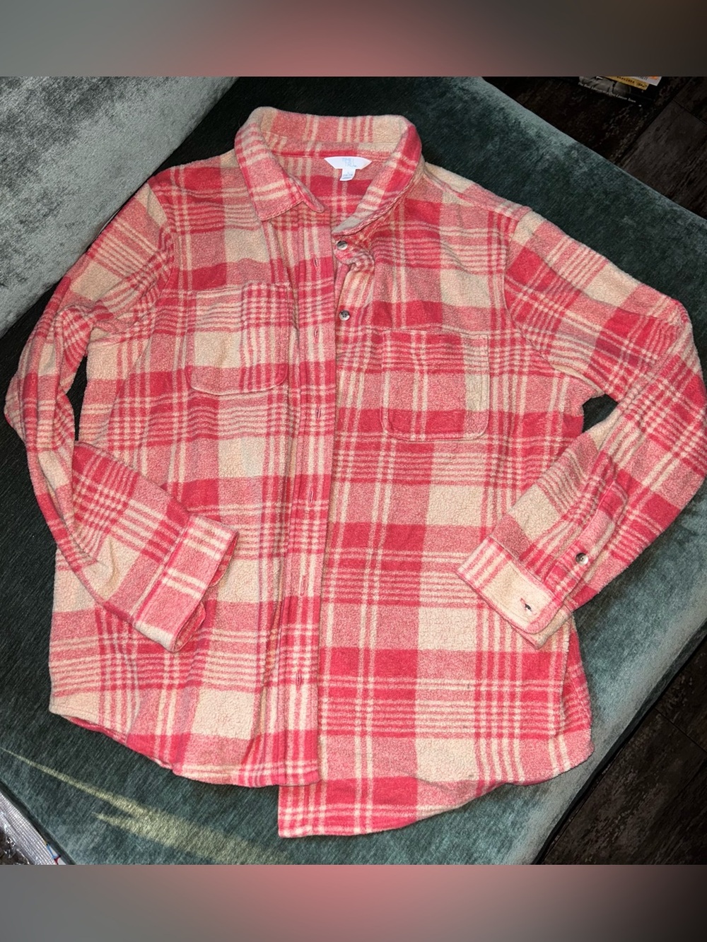 Fleece Plaid Button-Up Shirt Jacket - Red & Cream